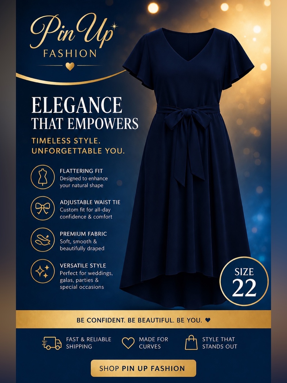 Women's Navy High-Low V-Neck Dress with Waist Tie (Size 22)